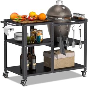 Elevate your outdoor cooking experience with this heavy-duty metal grill cart featuring a pizza oven stand, side handle, and wheels. Perfect for food prep and storage, with hooks and spice rack included.