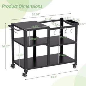 Elevate your outdoor cooking experience with this heavy-duty metal grill cart featuring a pizza oven stand, side handle, and wheels. Perfect for food prep and storage, with hooks and spice rack included.