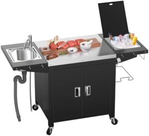 Here is the optimized SEO meta description:

"Perfect outdoor cooking space with this kitchen cabinet island featuring sink, ice bin, storage, and lockable wheels. Prepare for BBQs and grilling with ease."