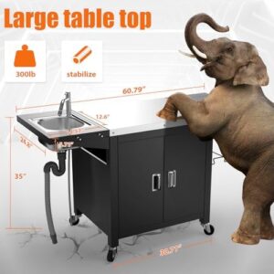 Here is the optimized SEO meta description:

"Perfect outdoor cooking space with this kitchen cabinet island featuring sink, ice bin, storage, and lockable wheels. Prepare for BBQs and grilling with ease."