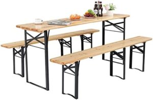 Here is the optimized SEO meta description:

"Upgrade your outdoor gatherings with VINGLI's folding picnic tables and benches, featuring weather-resistant wooden construction and carrying handles for easy transport. Perfect for camping, BBQs or backyard events."