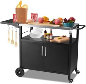 Enhance your outdoor cooking experience with the Spurgehom Grill Cart, featuring a stainless steel top, movable design, and pizza oven stand. Perfect for BBQs and kitchen prep!