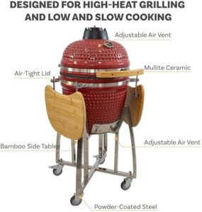 Here is the optimized SEO meta description:

Experience outdoor grilling with the Sunnydaze 18" Kamado Charcoal Grill, featuring a smoker combo, side tables and wheels. Perfect for backyard BBQs, great value at this discounted price!
