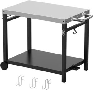 Here is the meta description:

"Transform your outdoor cooking experience with this LS'BABQ grill table featuring a pizza oven stand, prep area, and stainless steel flattop. Ideal for entertaining, perfect for wheels and hooks."