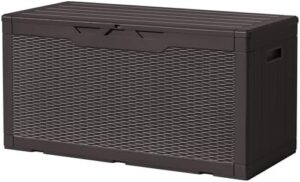 Here is the generated SEO meta description:

"Stylish outdoor storage solution with waterproof resin construction. Lockable cabinet stores patio furniture, garden tools and pool supplies up to 97 gallons in deep brown color."