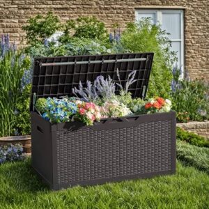 Here is the generated SEO meta description:

"Stylish outdoor storage solution with waterproof resin construction. Lockable cabinet stores patio furniture, garden tools and pool supplies up to 97 gallons in deep brown color."