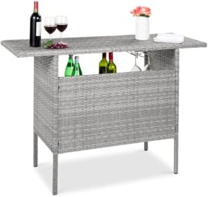 Elevate your backyard gatherings with Best Choice Products' Outdoor Patio Wicker Bar Counter Table, featuring 2 steel shelves and sturdy rails. Perfect for outdoor entertaining!