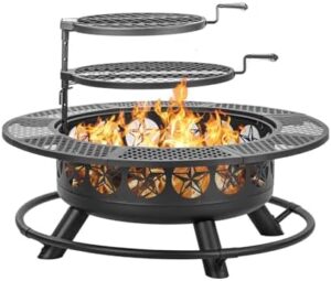 Enchant your backyard gatherings with the 42" BBQ Fire Pit featuring 2 grills, a lid, fire poker, and large metal design perfect for outdoor picnics and bonfires.