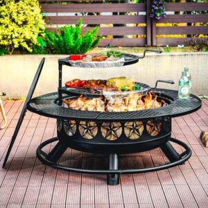 Enchant your backyard gatherings with the 42" BBQ Fire Pit featuring 2 grills, a lid, fire poker, and large metal design perfect for outdoor picnics and bonfires.