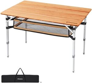 Here is the optimized SEO meta description:

"Enjoy portable gatherings with KingCamp's Bamboo Folding Table. Adjustable height, heavy-duty aluminum legs support up to 176 lbs. Includes large storage bag for convenient travel. Perfect for camping, picnics, and RVs, accommodating 4-5 people."