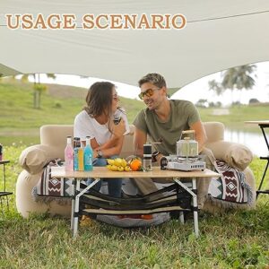 Here is the optimized SEO meta description:

"Enjoy portable gatherings with KingCamp's Bamboo Folding Table. Adjustable height, heavy-duty aluminum legs support up to 176 lbs. Includes large storage bag for convenient travel. Perfect for camping, picnics, and RVs, accommodating 4-5 people."