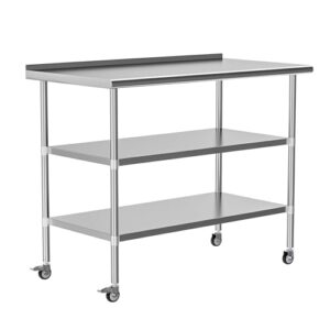 Elevate your commercial kitchen or outdoor cooking experience with this durable Stainless Steel Table featuring adjustable undershelves and backsplash, perfect for food prep, catering, or restaurant use.
