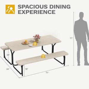Enjoy outdoor gatherings with the DWVO 6FT Picnic Table, featuring a heavy-duty steel frame, resin tabletop, and umbrella hole. Perfect for yard parties!