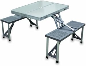 Discover the ONIVA Aluminum Folding Picnic Table by Picnic Time, perfect for camping or outdoor gatherings. Compact and portable with umbrella hole, measures 36x5x18 inches.