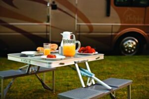 Discover the ONIVA Aluminum Folding Picnic Table by Picnic Time, perfect for camping or outdoor gatherings. Compact and portable with umbrella hole, measures 36x5x18 inches.