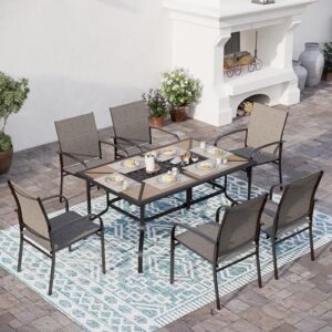 Here is the generated SEO meta description:

"Enhance outdoor gatherings with this 7-piece patio dining set featuring a sturdy metal table and 6 chairs. Perfect for lawn, garden or deck use."