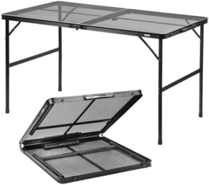 "Upgrade your outdoor gatherings with this 4x2 Ft portable grill table. Lightweight, height-adjustable, and featuring a mesh desktop & carrying handle for effortless transport."
