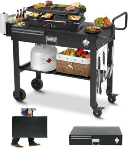 Unlock outdoor cooking freedom with the Foldable Outdoor Grill Cart, featuring a stainless steel cooking station and locking wheels. Perfect for camping, picnics, and backyard gatherings, its 31" x 17" space accommodates large BBQs.