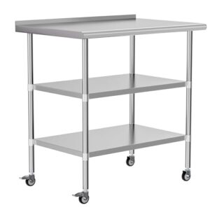 Boost your kitchen or garage productivity with the Stainless Steel Work Table featuring 2 adjustable shelves, backslash, and wheels. Perfect for commercial workstations, utility tables, and outdoor BBQs!