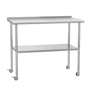 Here is the optimized SEO meta description:

"Elevate your workspace with this Stainless Steel Prep & Work Table featuring an adjustable shelf, backslash and wheels. Perfect for kitchen, garage or outdoor use, measuring 24x48 inches"