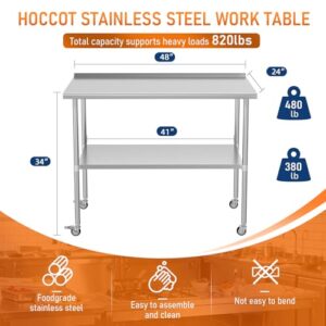 Here is the optimized SEO meta description:"Elevate your workspace with this Stainless Steel Prep & Work Table featuring an adjustable shelf, backslash and wheels. Perfect for kitchen, garage or outdoor use, measuring 24x48 inches"
