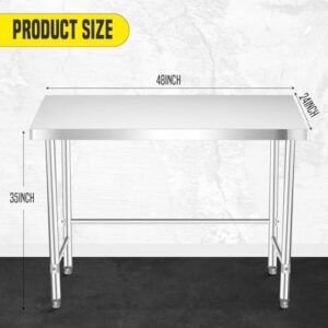 Here is the generated SEO meta description:

"Upgrade your kitchen workflow with this stainless steel table without a bottom shelf. Perfect for commercial or home use, it features an open base and 48x24 inch dimensions."