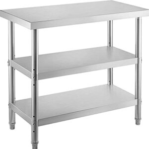 Here is the optimized SEO meta description:

"Boost kitchen productivity with VEVOR's stainless steel prep table. Heavy-duty construction, 2 adjustable undershelf spaces, and commercial-grade durability for garage, home, or warehouse use - perfect for BBQ prep, meal prep, or food storage."