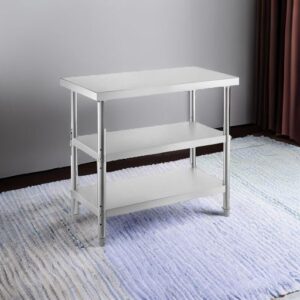 Here is the optimized SEO meta description:

"Boost kitchen productivity with VEVOR's stainless steel prep table. Heavy-duty construction, 2 adjustable undershelf spaces, and commercial-grade durability for garage, home, or warehouse use - perfect for BBQ prep, meal prep, or food storage."