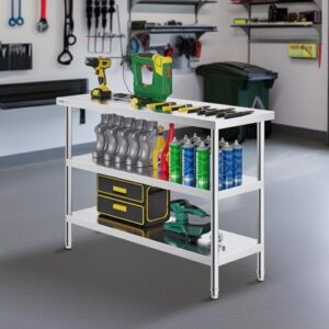 Here is the output:

"Maximize your kitchen prep space with VEVOR's 18x48x34 inch stainless steel food table, featuring adjustable undershelf storage and heavy-duty metal construction for BBQ, kitchen, home, or garage use."