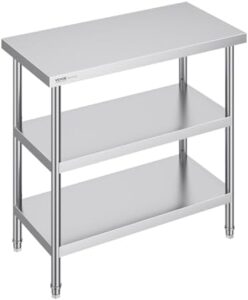 Here is the optimized SEO meta description:

"Upgrade your kitchen with VEVOR's stainless steel food prep table. Perfect for commercial or home use, this 18x36x34 inch worktable features adjustable undershelf and heavy-duty metal construction for optimal space-saving functionality."
