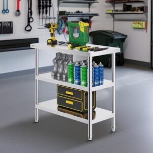 Here is the optimized SEO meta description:

"Upgrade your kitchen with VEVOR's stainless steel food prep table. Perfect for commercial or home use, this 18x36x34 inch worktable features adjustable undershelf and heavy-duty metal construction for optimal space-saving functionality."