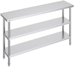 "Boost your kitchen productivity with VEVOR's stainless steel food prep table, featuring 2 adjustable undershelves and heavy-duty metal construction. Perfect for BBQs, kitchens, homes, or garages!"