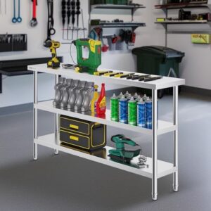 "Boost your kitchen productivity with VEVOR's stainless steel food prep table, featuring 2 adjustable undershelves and heavy-duty metal construction. Perfect for BBQs, kitchens, homes, or garages!"