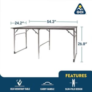 Here is the generated SEO meta description:

"Portable outdoor dining table perfect for barbecues, camping, and picnics. Heat-resistant aluminum tabletop seats 4 people and folds slim for easy storage."