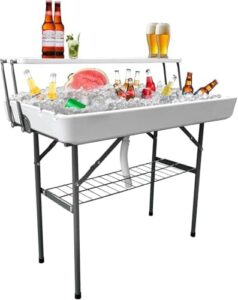 "Perfectly portable party solution: drain-enabled bar table with skirt and upper bracket, ideal for outdoor events. Dimensions 35x23x27 inches."