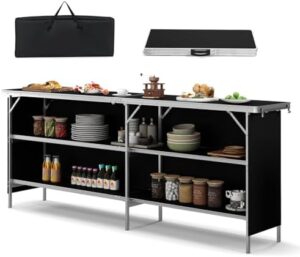 Discover the COSTWAY 81" Folding Picnic Table, a portable and lightweight aluminum food prep station with 2 shelves. Perfect for BBQs, parties, or backyard gatherings. Set up in seconds and enjoy mealtime convenience!