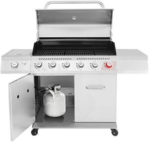 Savor backyard cooking with the Royal Gourmet GA6402S 6-Burner Propane Gas Grill featuring a side burner and warming rack for effortless grilling and serving, boasting 74,000 BTUs of power.