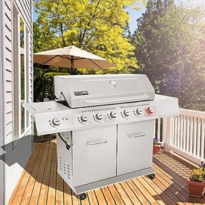 Savor backyard cooking with the Royal Gourmet GA6402S 6-Burner Propane Gas Grill featuring a side burner and warming rack for effortless grilling and serving, boasting 74,000 BTUs of power.