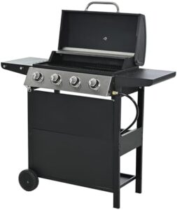 "Upgrade your outdoor cooking experience with this Propane Gas Grill featuring 4 burners, stainless steel construction, and a thermometer. Includes two side tables, casters, and a cover lid for convenient use at home or on-the-go."