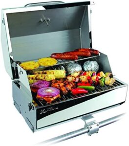 Discover the Camco Kuuma Stow N'Go 216 Elite Propane Grill, featuring a built-in thermometer, push-button igniter, and fold-away legs. Perfect for camping and outdoor adventures!