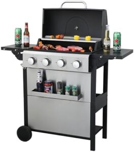 "Upgrade your outdoor grilling experience with this 4-Burner Propane Gas BBQ Grill featuring wire enamel cooking grids and thermometer, perfect for backyard barbecues. Foldable side table included, perfect for outdoor gatherings!"