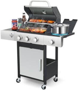 Savor outdoor cooking with this powerful 3-burner propane gas grill featuring durable steel construction and convenient side tables, perfect for BBQ enthusiasts. Boost your grilling game today!