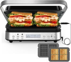 Here is the output:

"Perfect your sandwich game with this Cattleman Cuisine Panini Press Grill Sandwich Maker featuring removable plates and a meat thermometer, ideal for indoor grilling and perfecting your culinary skills. Enjoy 6-in-1 versatility!"