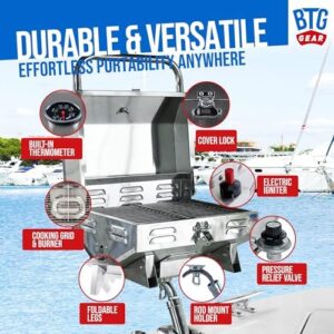 "Upgrade your outdoor cooking with the Tailwaves Marine Grill, featuring a stainless steel design, rod holder mount, and built-in thermometer. Perfect for boating, tailgating, and camping, this portable grill folds away for easy storage."