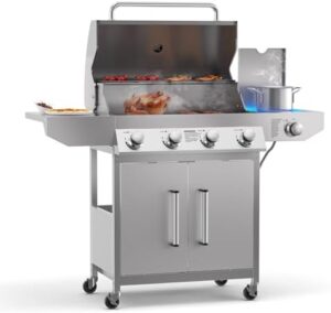 Here is the optimized SEO meta description:

"Experience outdoor cooking like never before with this 4 Burner Propane Gas Grill featuring a side burner, thermometer, and enameled cast iron grates. Perfect for patio backyard barbecue, this stainless steel grill delivers 58,000 BTUs of sizzling heat!"