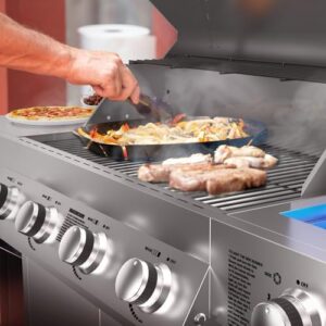 Here is the optimized SEO meta description:

"Experience outdoor cooking like never before with this 4 Burner Propane Gas Grill featuring a side burner, thermometer, and enameled cast iron grates. Perfect for patio backyard barbecue, this stainless steel grill delivers 58,000 BTUs of sizzling heat!"