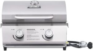 "Upgrade your outdoor cooking experience with Monument Grills' portable propane gas grill. Features stainless steel lid, built-in thermometer, and travel locks for easy transport."