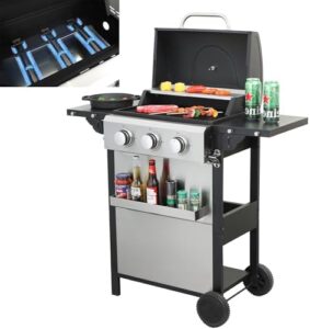 Here is the meta description:

"Perfect outdoor cooking solution: this stainless steel grill features porcelain enameled grates, 25650 BTU, and folding side tables. Get ready to sizzle with savings on your next BBQ!"