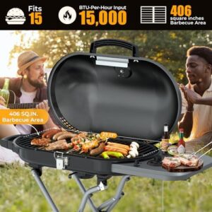 Here is the output:

"Enjoy outdoor cooking with this Portable Propane Gas Grill featuring 15,000 BTU, 406 sq.in. grilling areas and built-in thermometer, perfect for patio gatherings or parties, buy now and get a special discount on your purchase!"