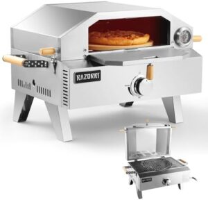 Cook up a perfect outdoor pizza party with Razorri's propane pizza oven, featuring a 13" stone and thermometer. Perfect for camping, patios, or backyard cooking, this versatile grill also serves as a gas pizza maker.